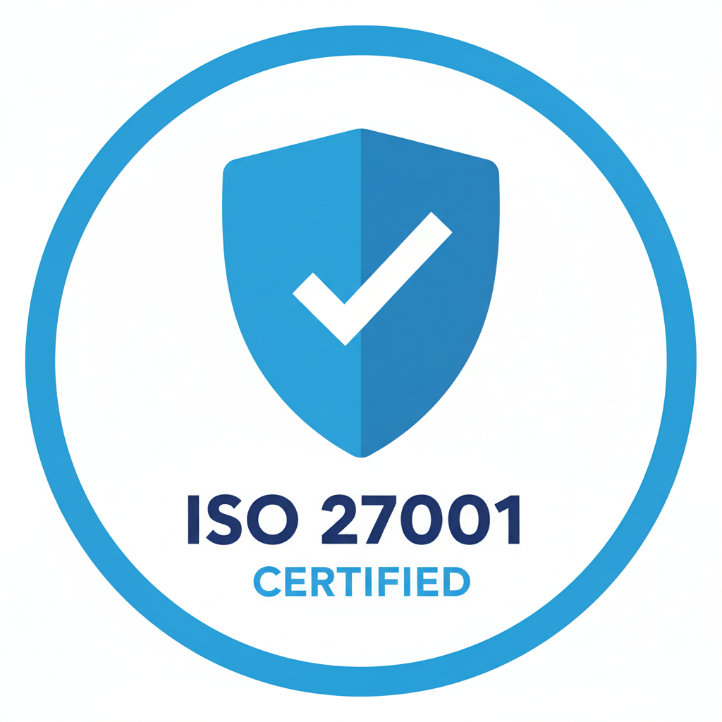 ISO 27001 certification badge with blue shield and checkmark on white background