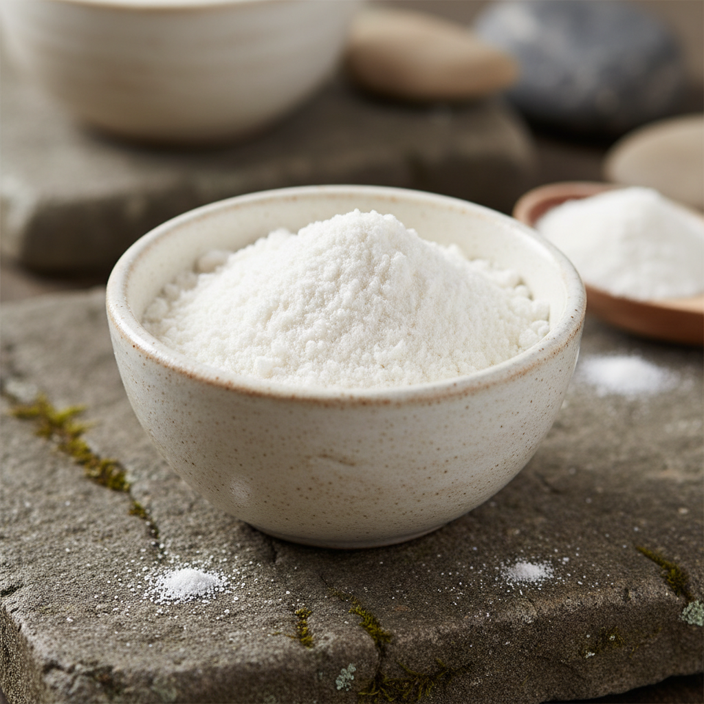 Fine white bone meal powder in a ceramic bowl on stone surface