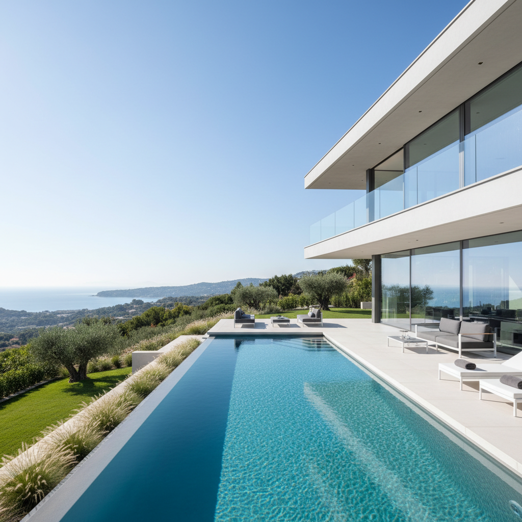 Contemporary white villa with infinity pool overlooking the Palm Jumeirah coastline