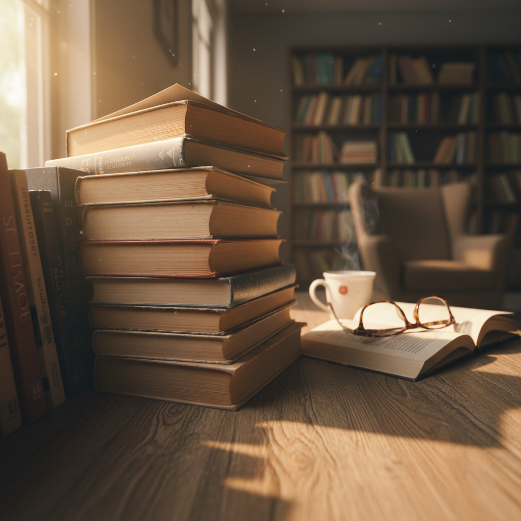 Stack of well-worn paperback books in soft warm afternoon light on a linen surface