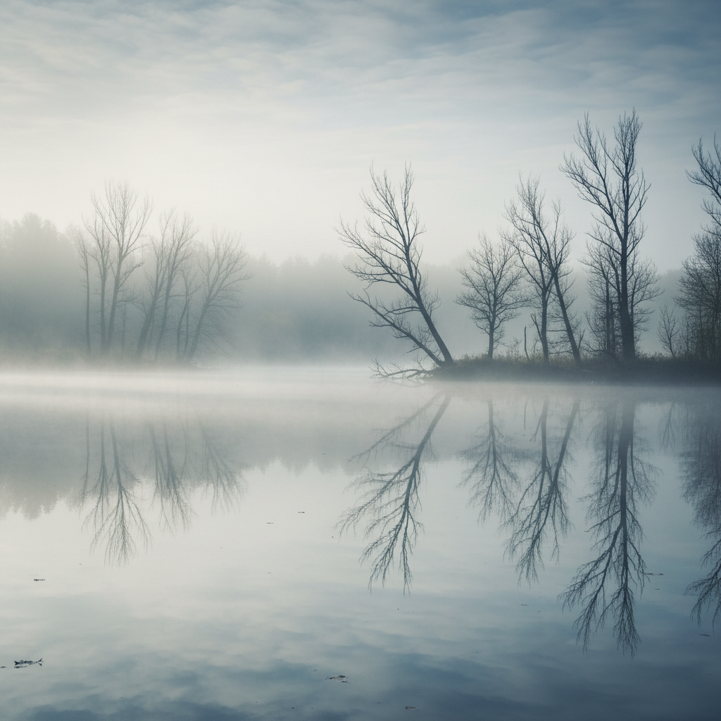 Misty lake with bare trees reflecting on still water, evoking Marilynne Robinson Housekeeping