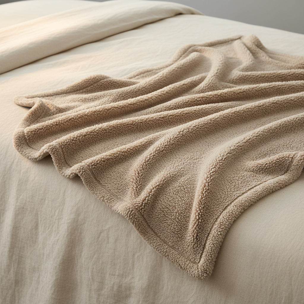 Тёплое пушистое одеяло из натуральной шерсти в бежевых тонах на уютной кровати