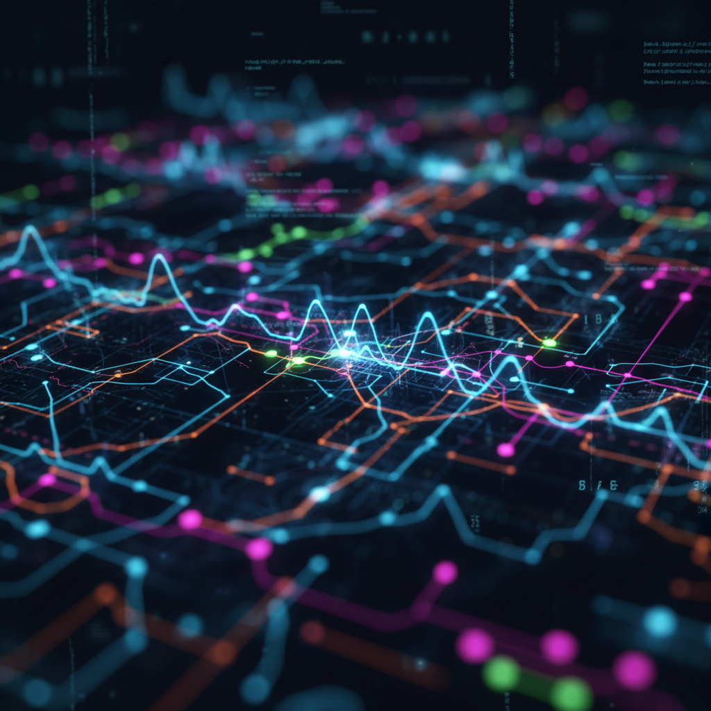 Abstract data visualization with glowing lines and nodes on dark background, purple and blue light trails