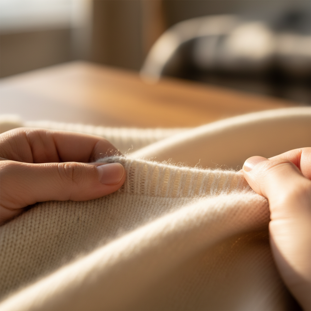 Hands carefully examining the weave of a cream cashmere sweater under warm natural light