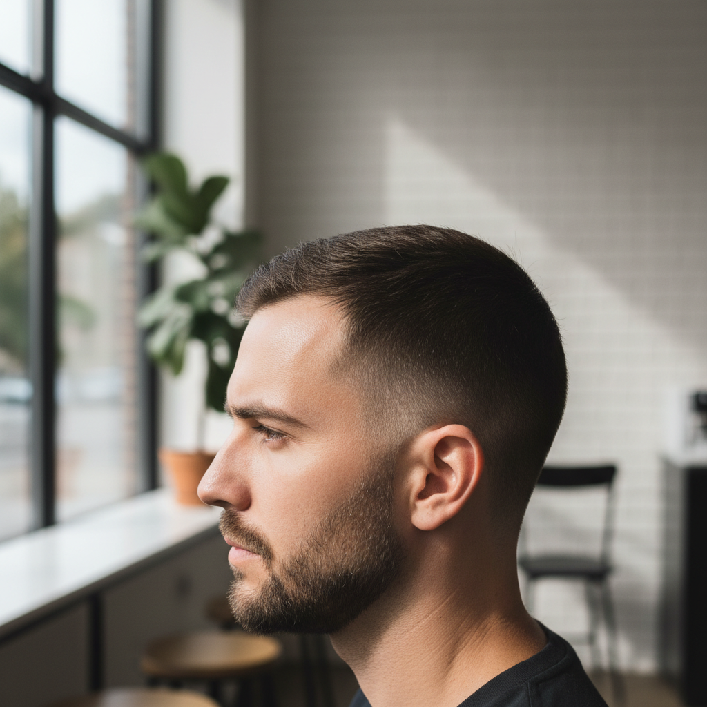 Client with fresh fade haircut showing clean temple lines
