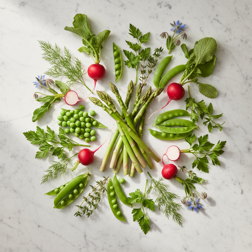 Fresh premium summer ingredients laid out on marble, including lobster, heirloom tomatoes and fresh herbs