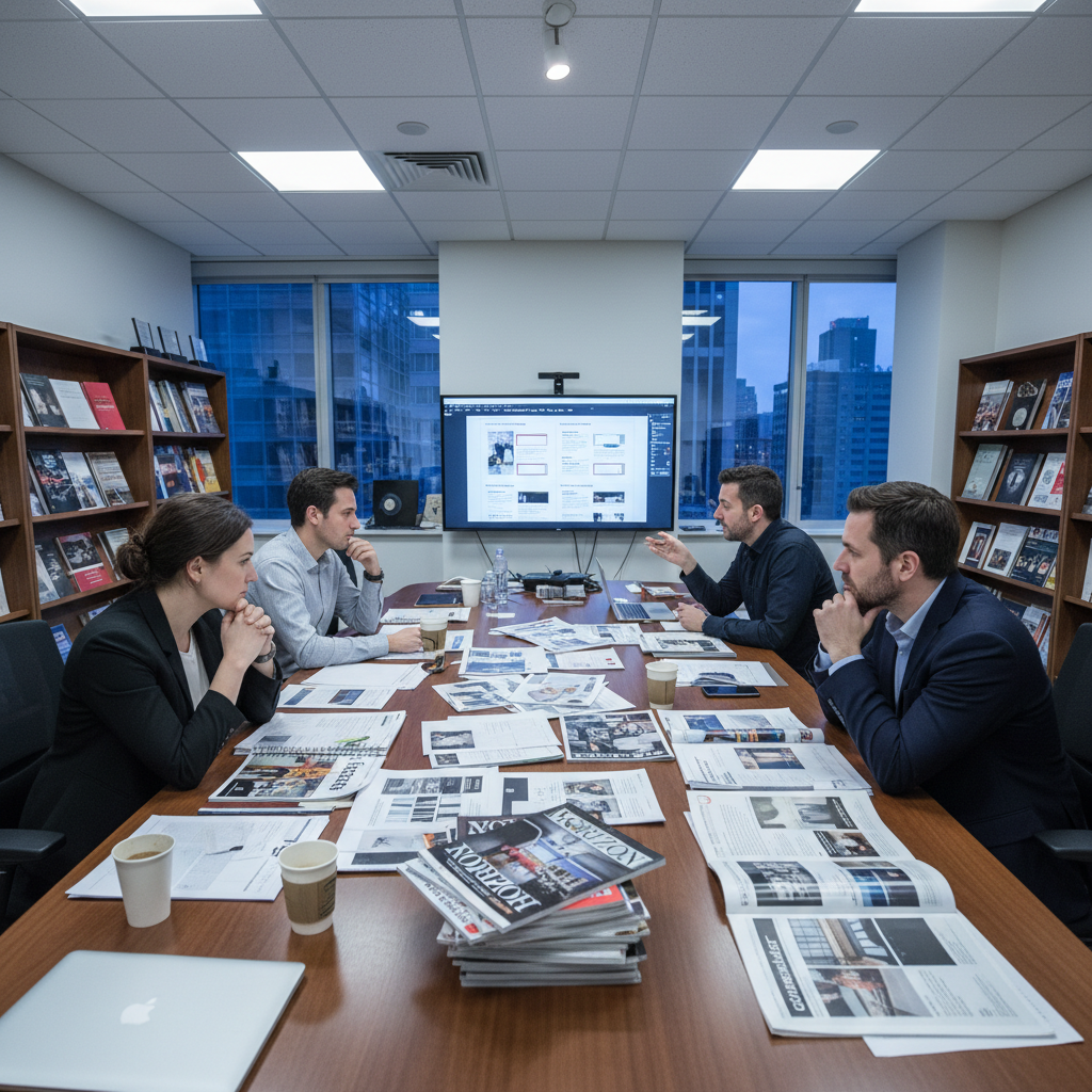 Professional magazine publishing team reviewing editorial content and periodicals