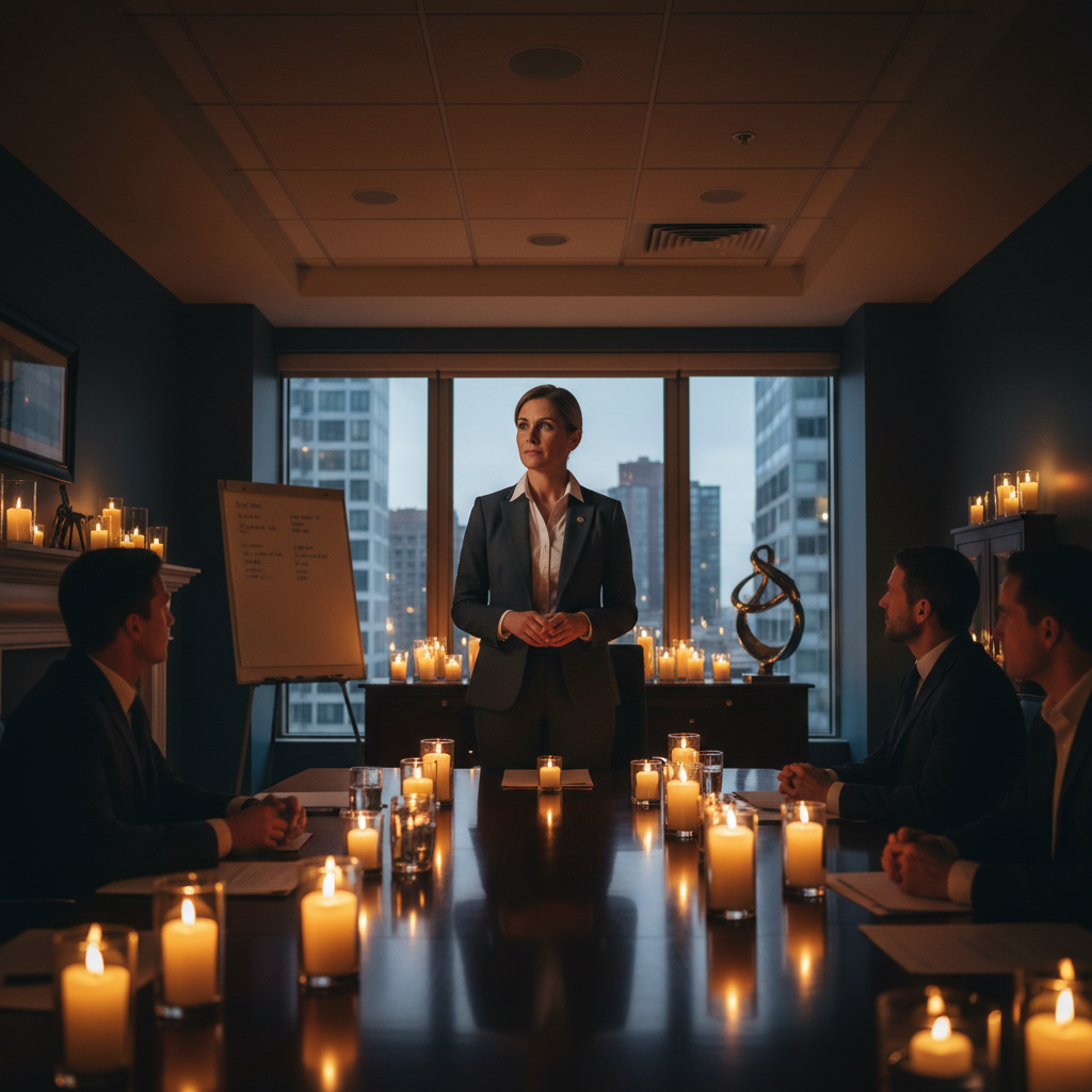 Managing partner in candlelit conference room