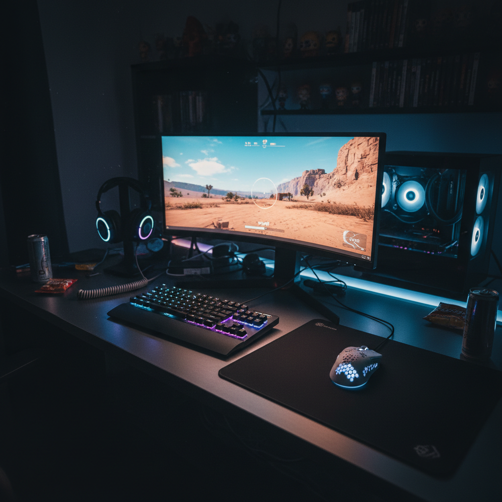FPS gaming setup with gaming monitor, lightweight mouse, low-profile keyboard, dark room
