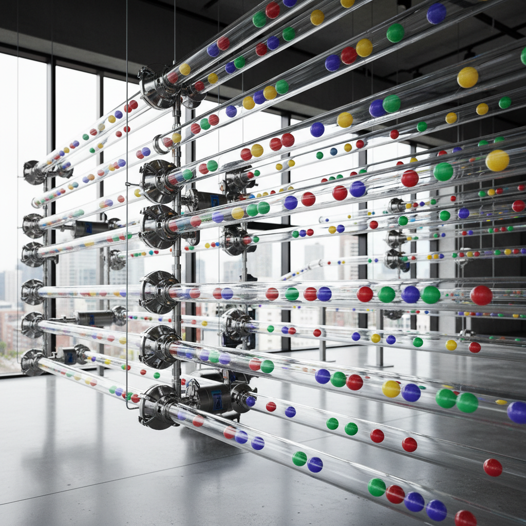 Transparent pneumatic tube system with colorful balls shooting through clear pipes
