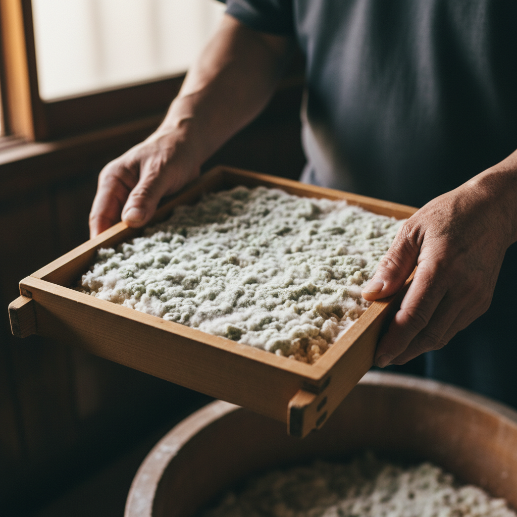 Weathered toji hands cradling a wooden koji tray covered in white mold spores