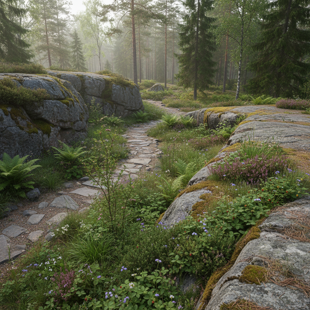 Wild Nordic forest edge garden with naturalistic planting following granite rock formations
