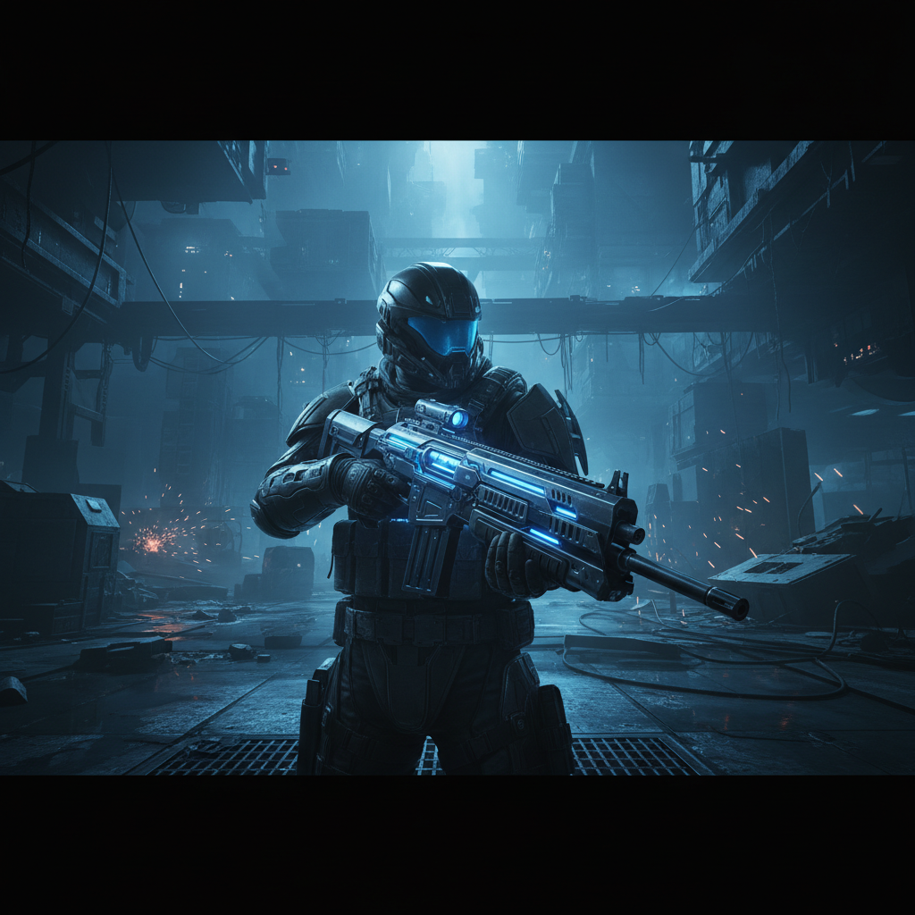 Dark gaming environment with glowing screens and atmospheric lighting, deep shadows, electric blue and orange light sources, cinematic industrial game world