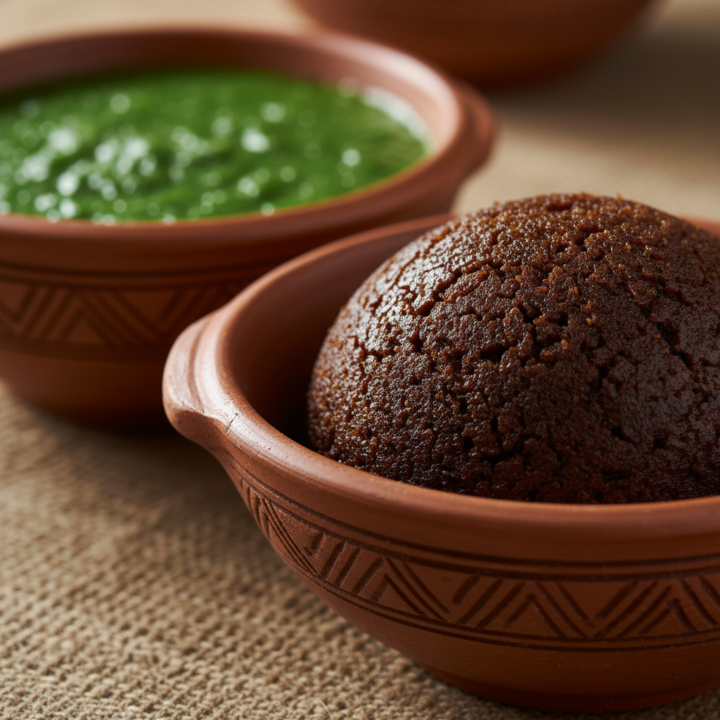 Dark brown amala swallow with green ewedu soup and red stew in traditional Nigerian serving bowls