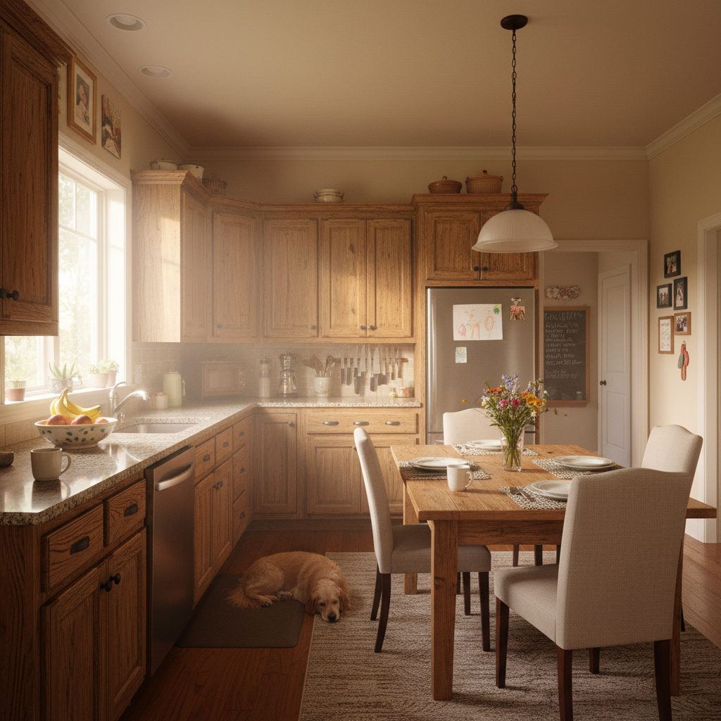 Documentary photograph of a family kitchen with warm light and lived-in details