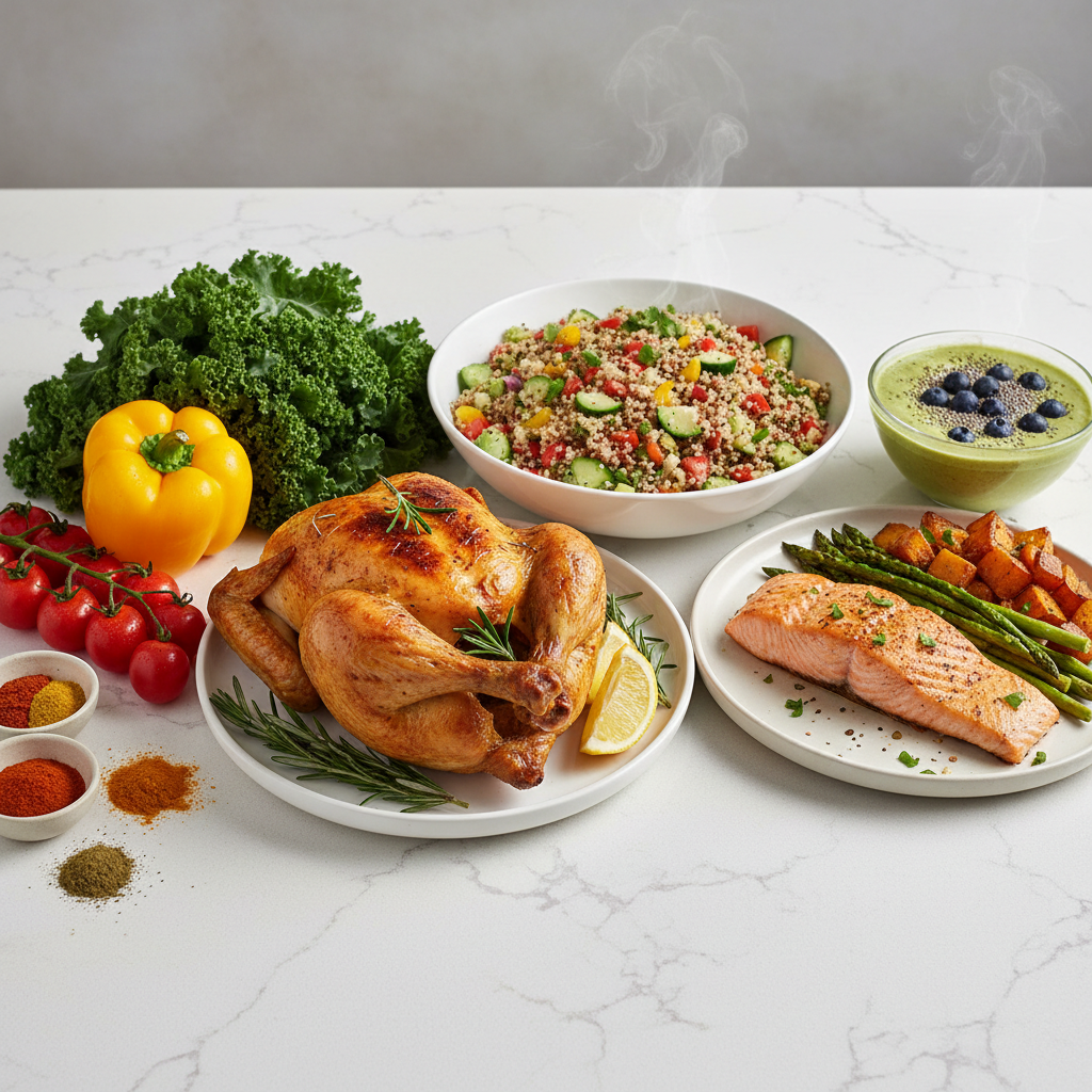 Fresh vegetables and grains arranged on a white marble surface for a clinical nutrition consultation