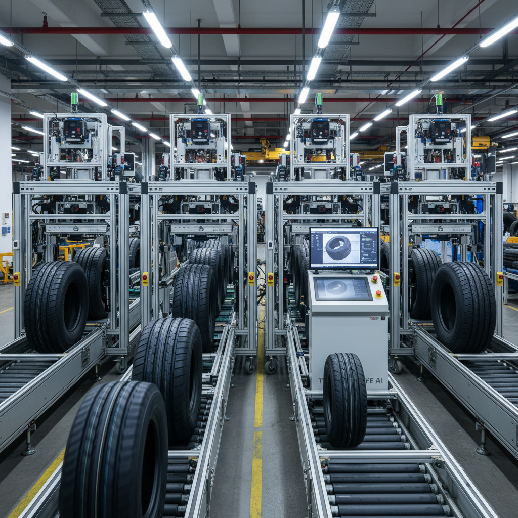 Mobile AI tyre inspection system — real deployment screenshot across multiple tyre manufacturing production lines
