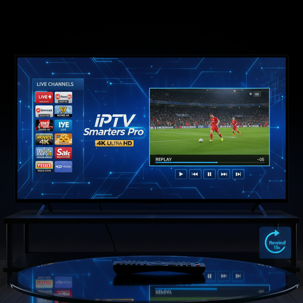 Smart TV displaying IPTV Deutschland streaming interface with live sports and movies