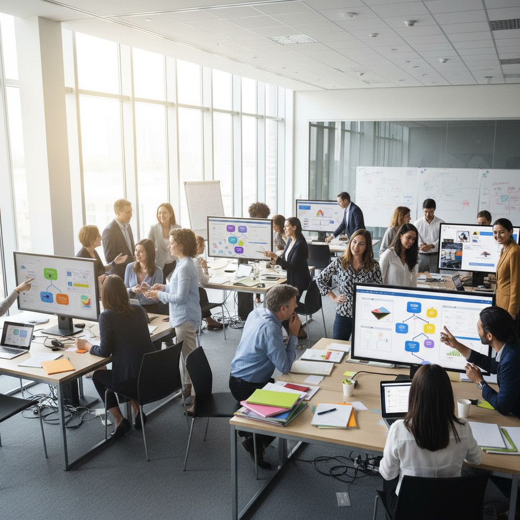 Group of talented professionals collaborating in a bright modern office environment
