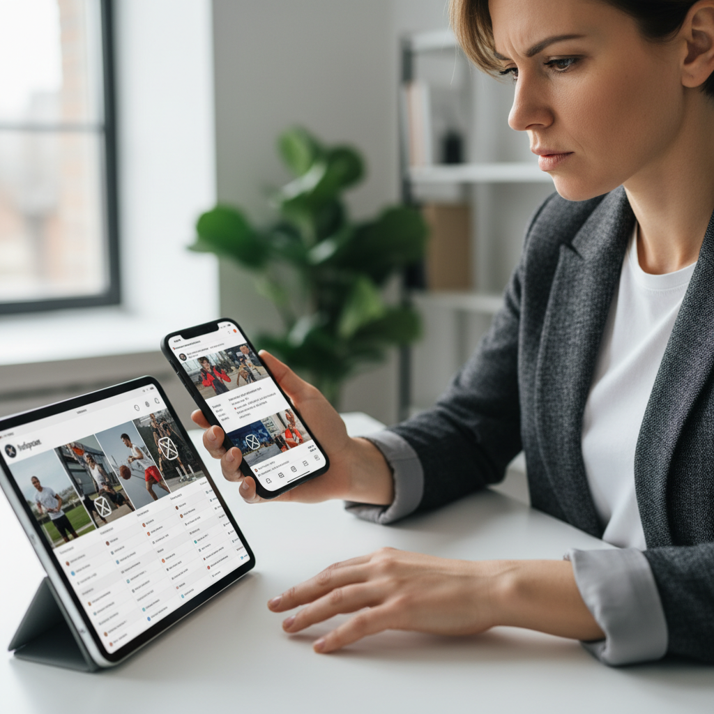 Sports brand manager reviewing social content on phone and tablet