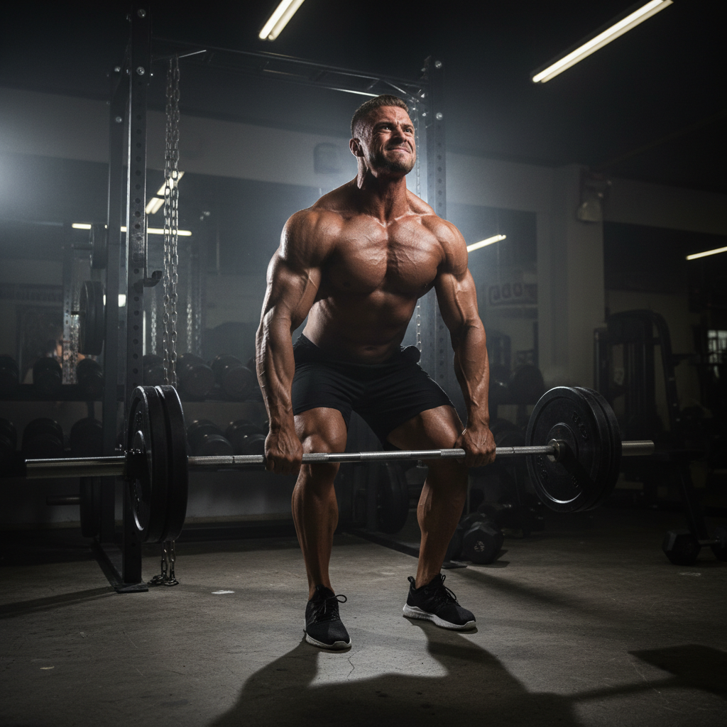 Homme sportif en salle de sport soulevant des poids, lumière dramatique