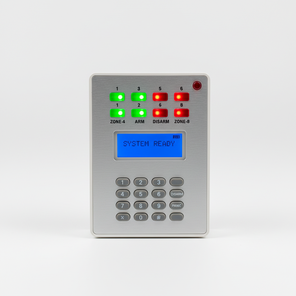 Compact 8-zone alarm panel with LED indicator lights, suitable for small commercial premises, mounted on clean white surface