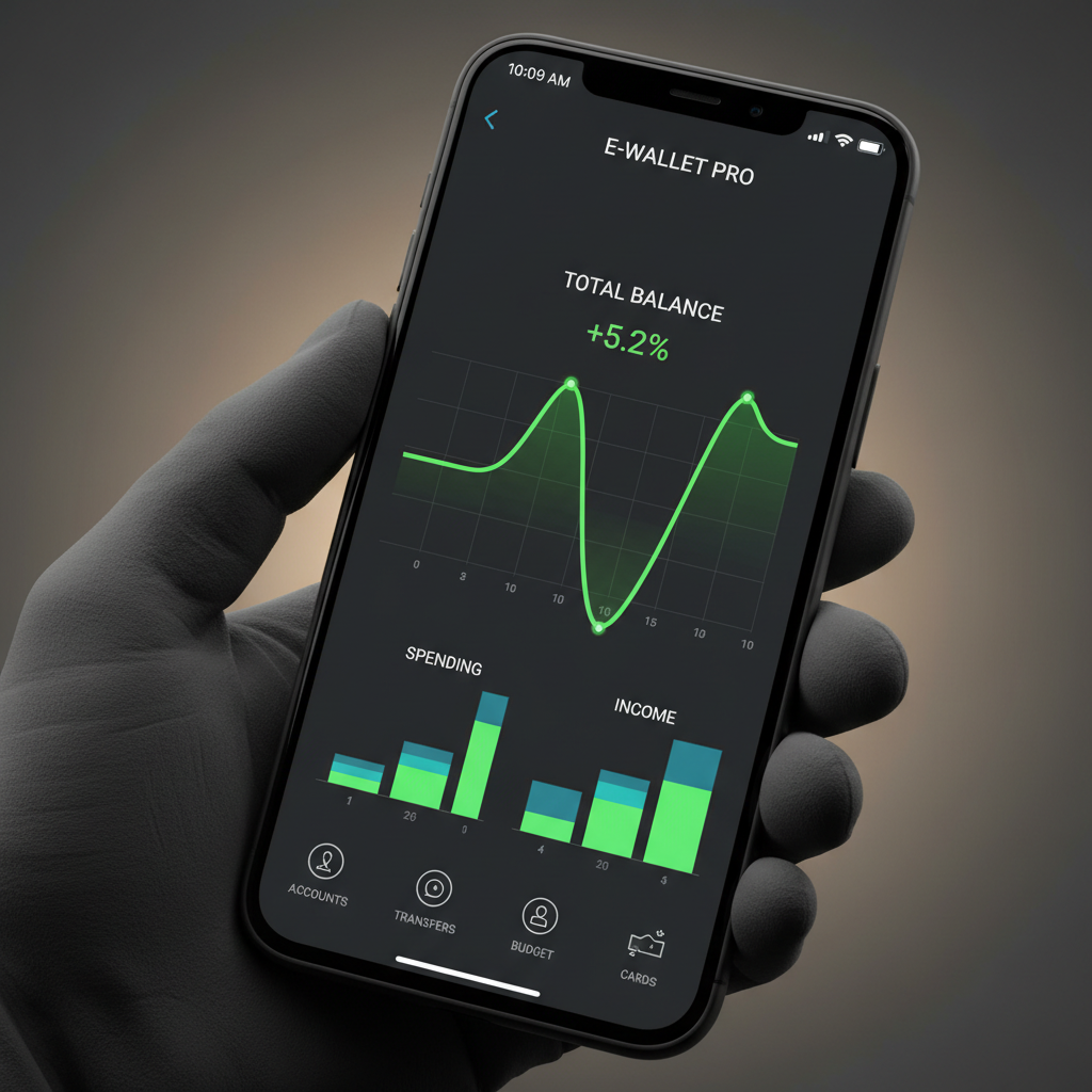 Mobile banking app interface with clean dark dashboard showing financial graphs, dimly lit with deep navy tones and minimal typography