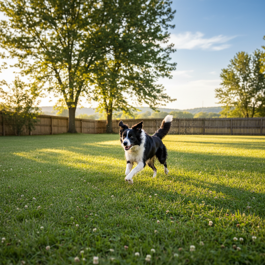 Excited border collie mid-sprint across a green grassy backyard, ears flying