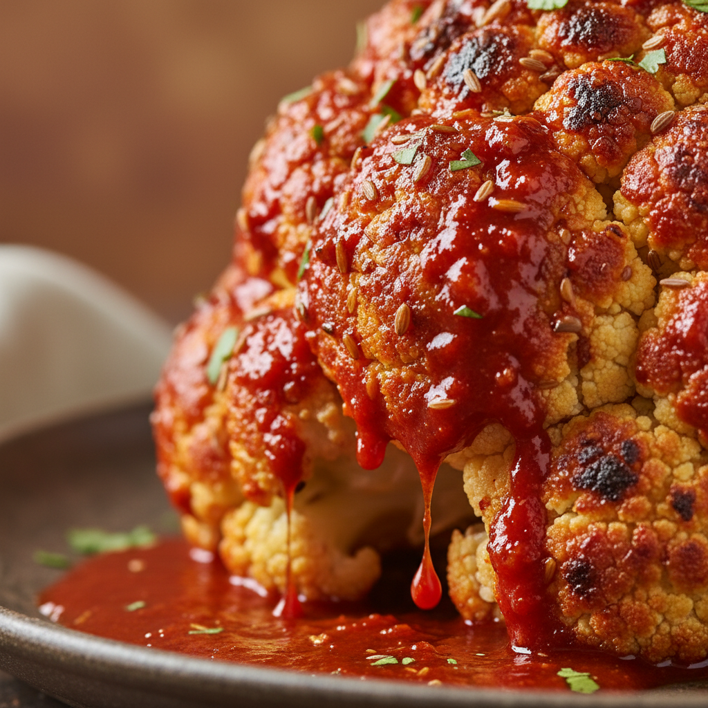 Macro close-up of glistening harissa-glazed roasted cauliflower with jewel-bright red sauce dripping over golden edges