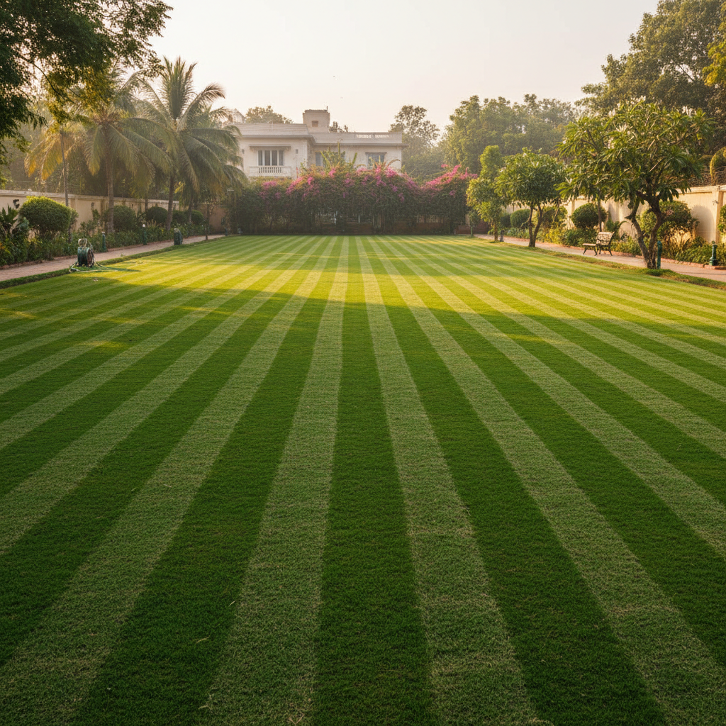 Freshly mowed Defence Colony lawn with clean parallel mowing lines and deep green turf