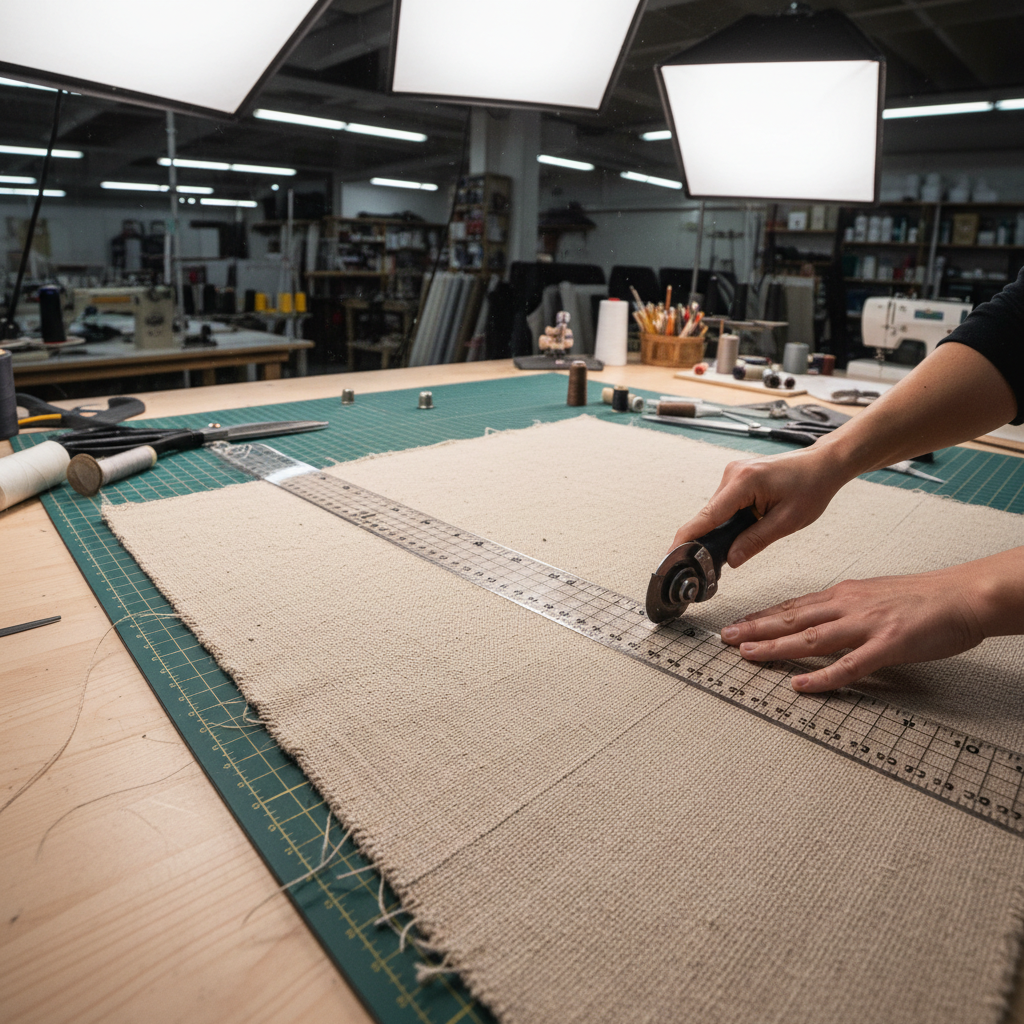 Bright colorful fabric samples with DFT printed designs in well-lit production studio
