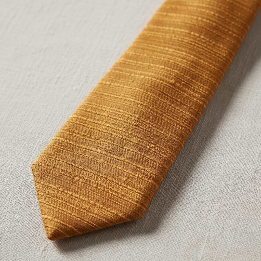 Harvest amber dupioni raw silk tie showing natural slub texture in warm light