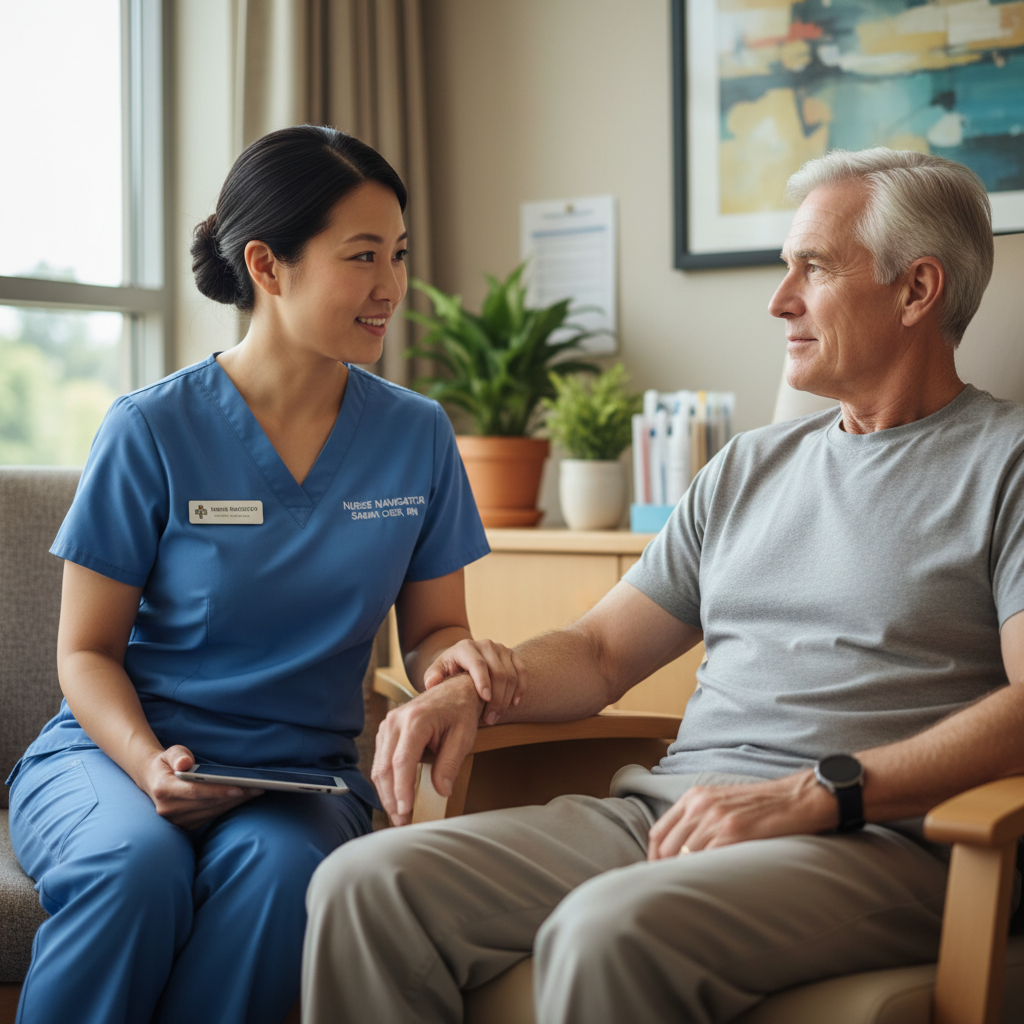 Compassionate healthcare professional having a thoughtful discussion with a patient in a warm, welcoming consultation room