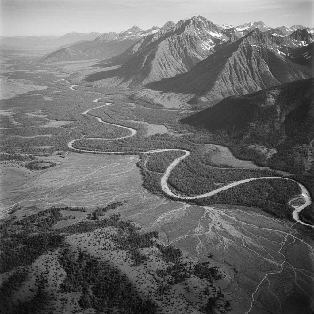 Black and white aerial landscape photograph developed by a camper in the darkroom
