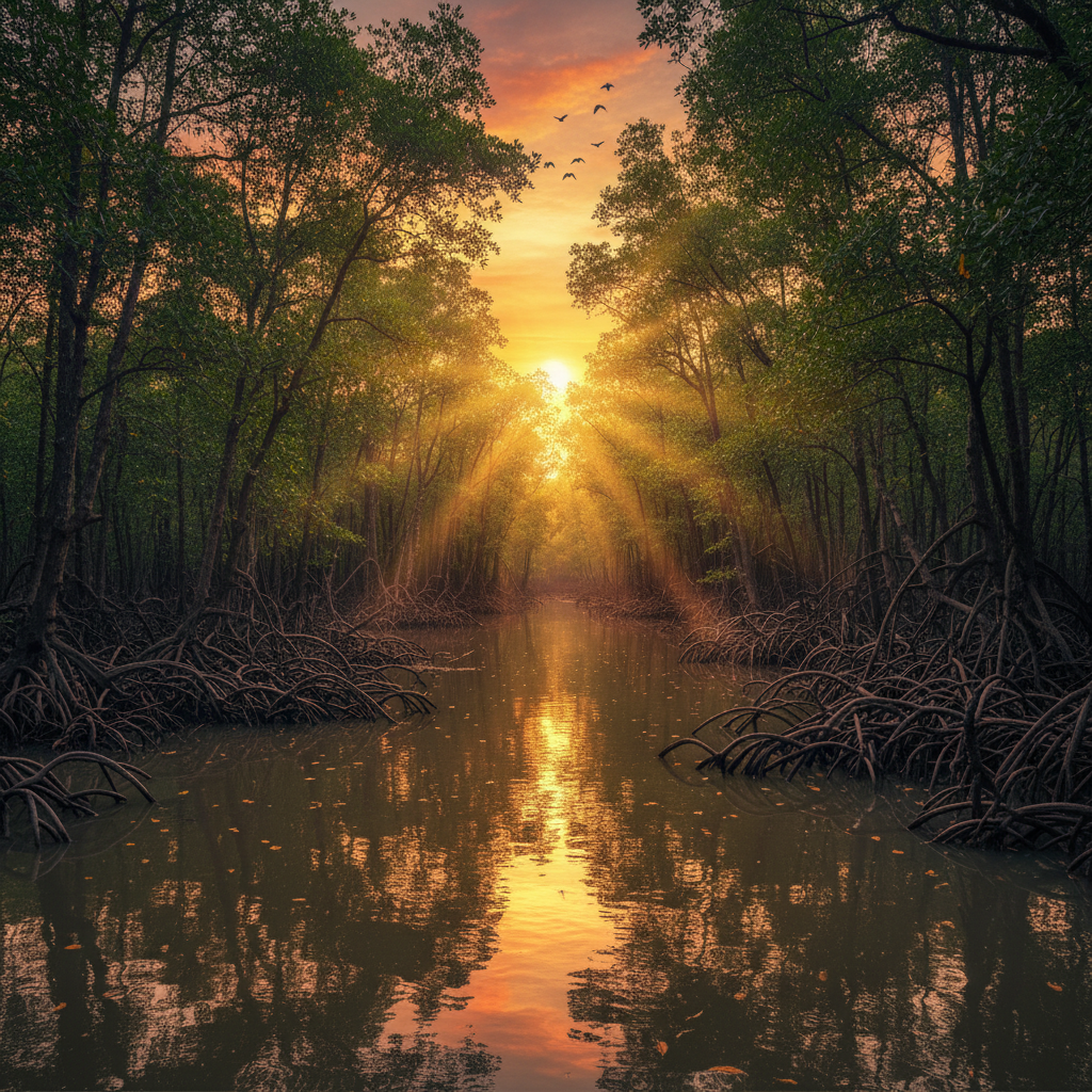 Dense mangrove forest with green vegetation and roots visible in shallow coastal waters at sunset