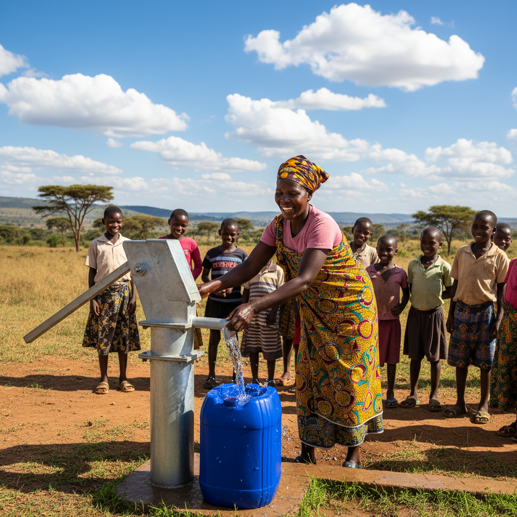 Young African girl collecting water at a borehole pump, bright daylight, dusty village path