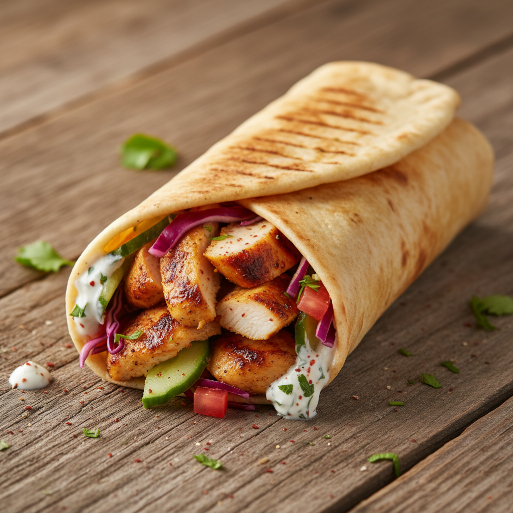 Chicken shawarma wrap with golden flatbread, herbs, and white garlic sauce on dark surface
