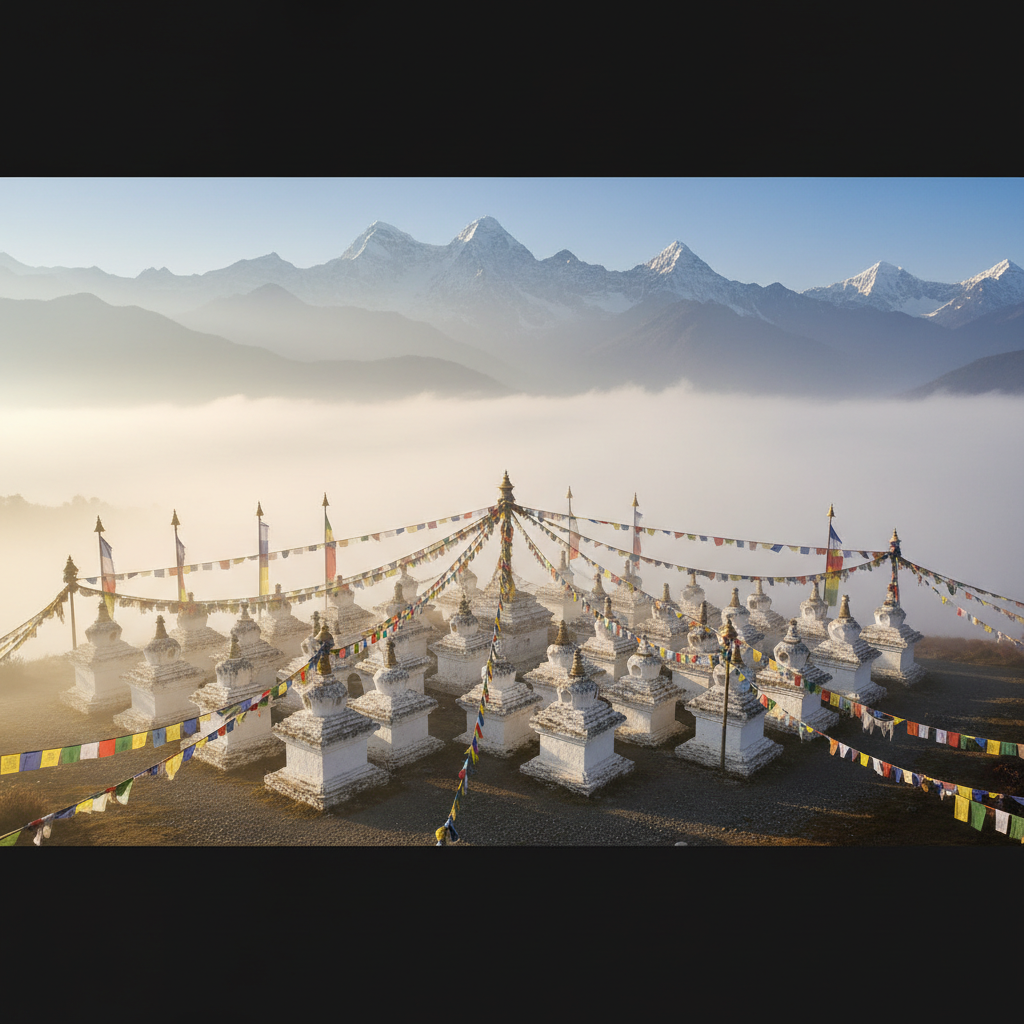108 white chortens materializing through morning mist at Dochula Pass, prayer flags fluttering against Himalayan peaks