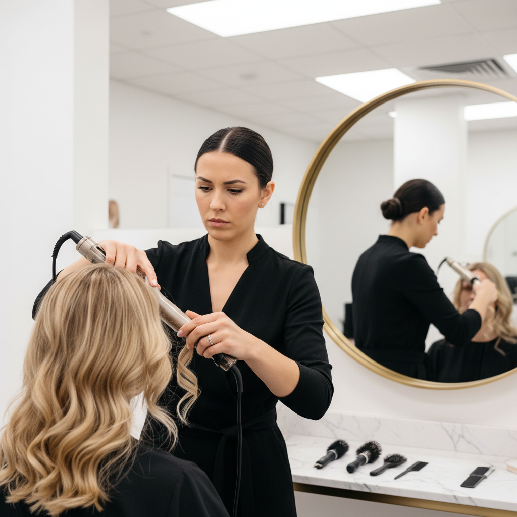 Professional hair styling session in upscale salon with expert stylist and client
