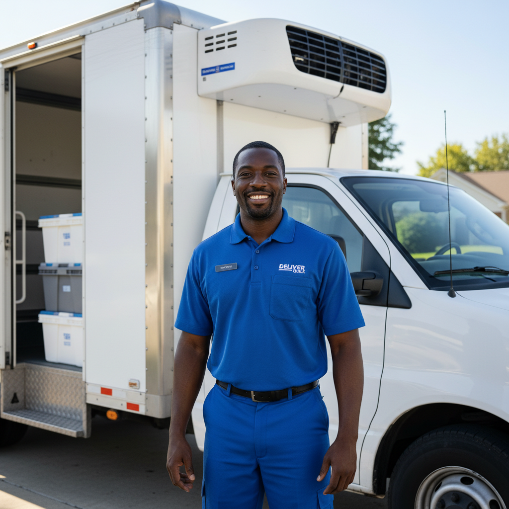 Black man in a delivery uniform standing beside a refrigerated van, smiling