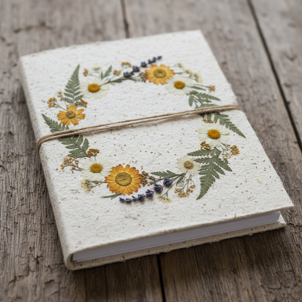 Handmade seed paper journal with dried flower cover, closed on wooden surface