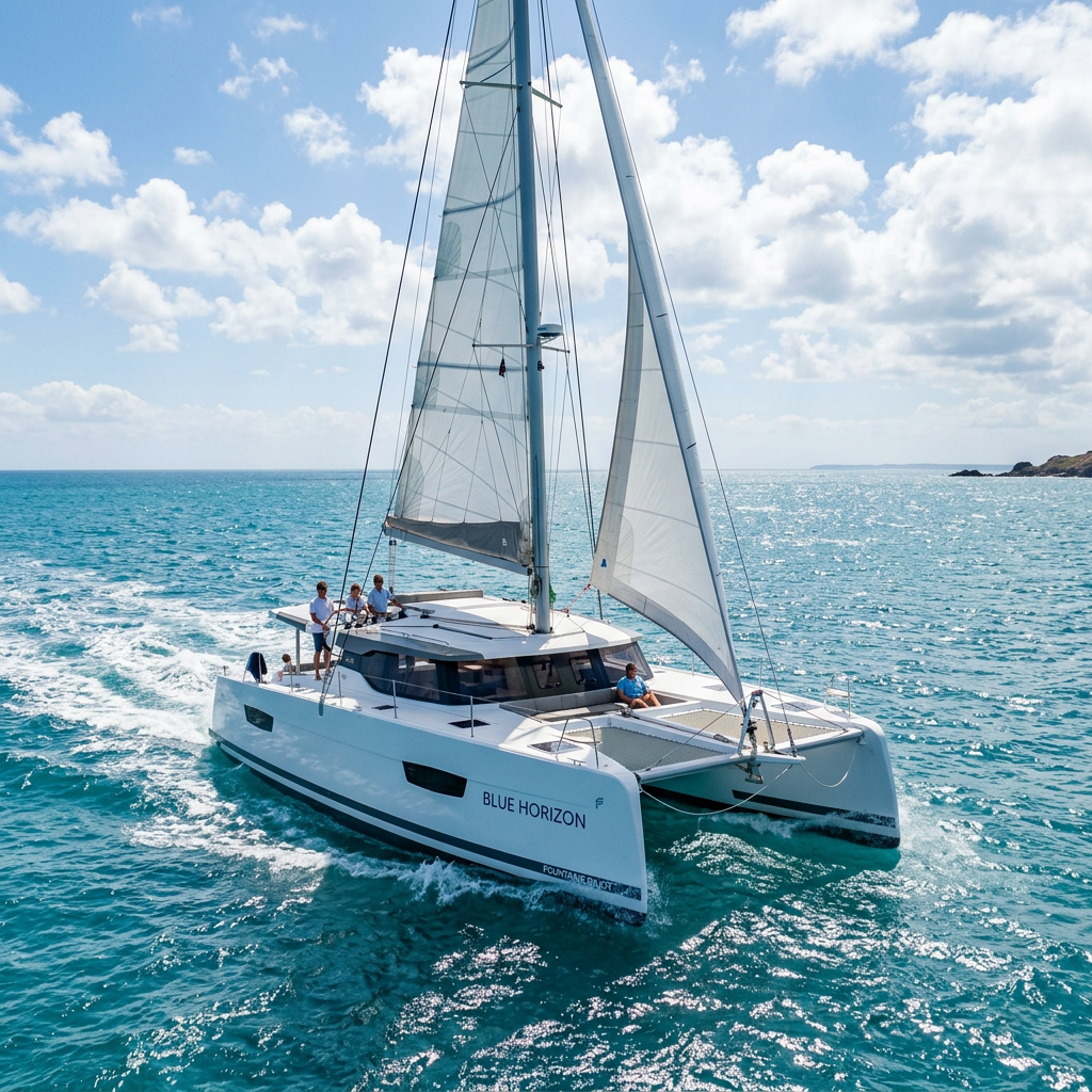 Modern catamaran Blue Horizon sailing with twin hulls visible in French Riviera