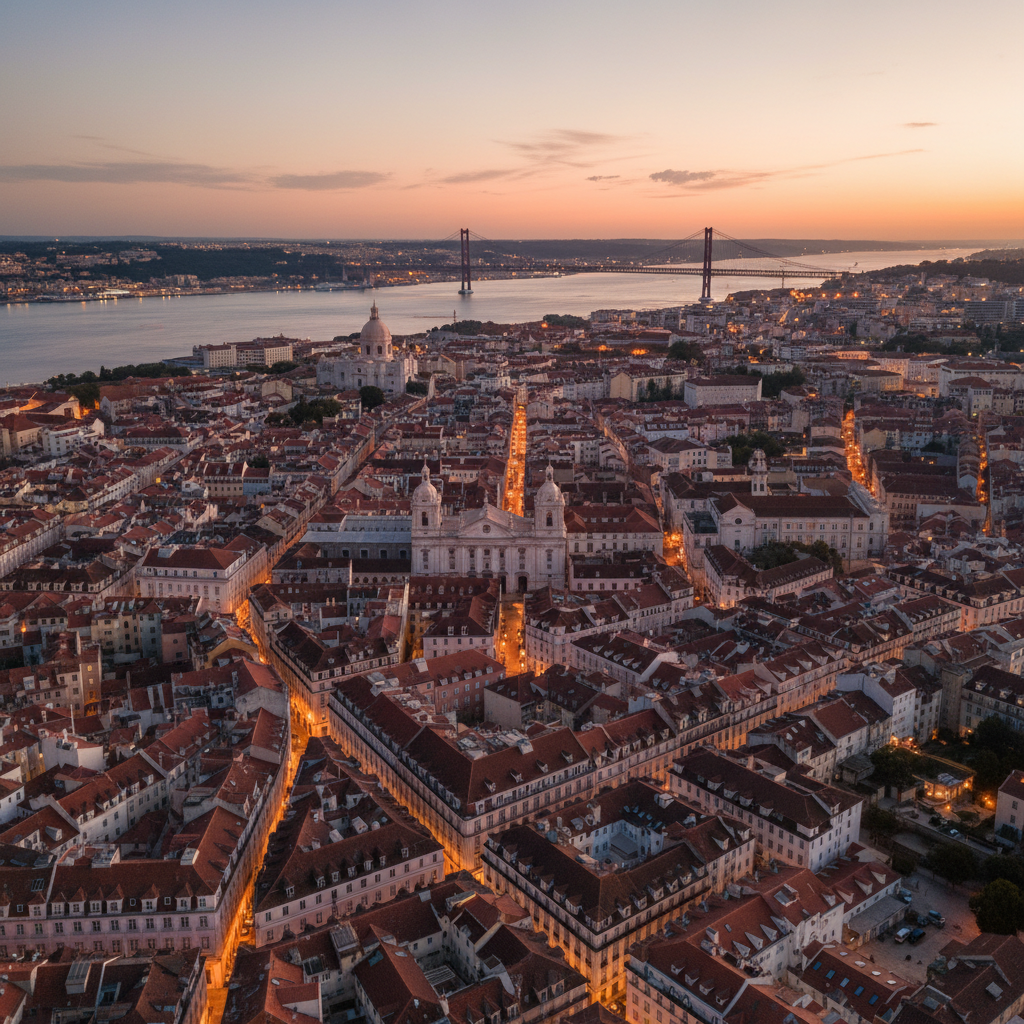 Vista aérea de Lisboa con tejados naranjas, barrio de Alfama, río Tajo brillante al fondo, tarde soleada