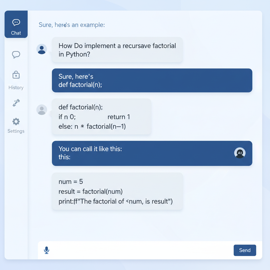 AI interface with text generation, dark themed chat window with code and response panels