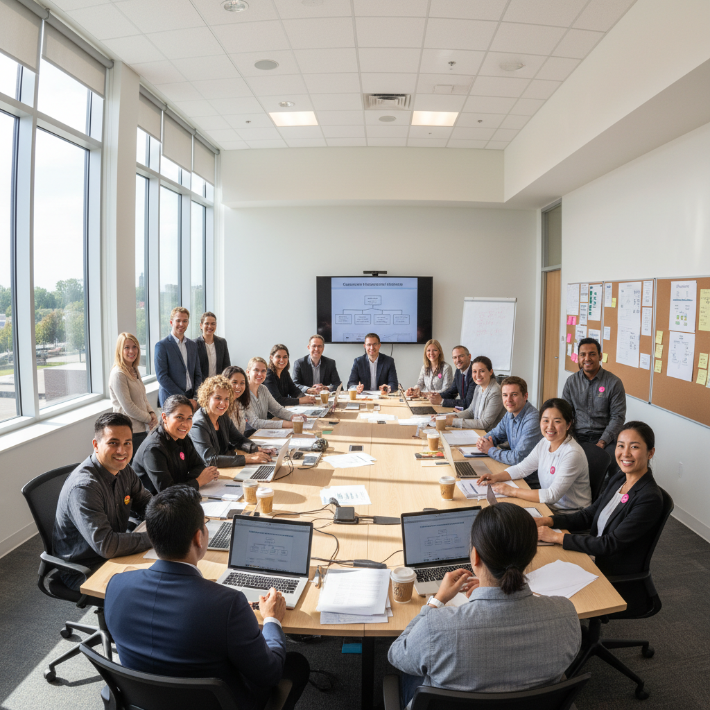Diverse group of professionals in a workshop discussion, engaged and smiling