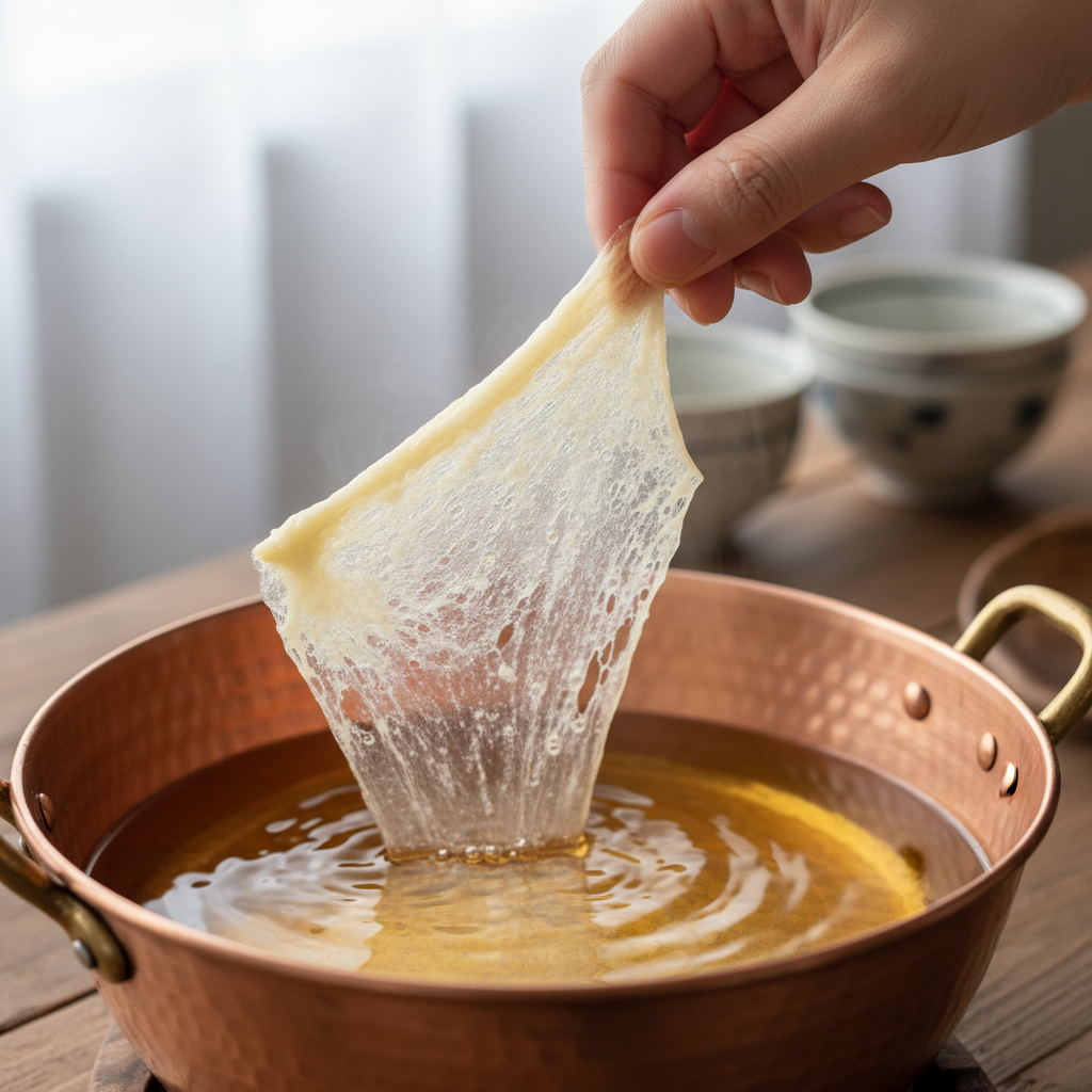 Fingers pinching thin tempura batter above a copper pot with golden oil