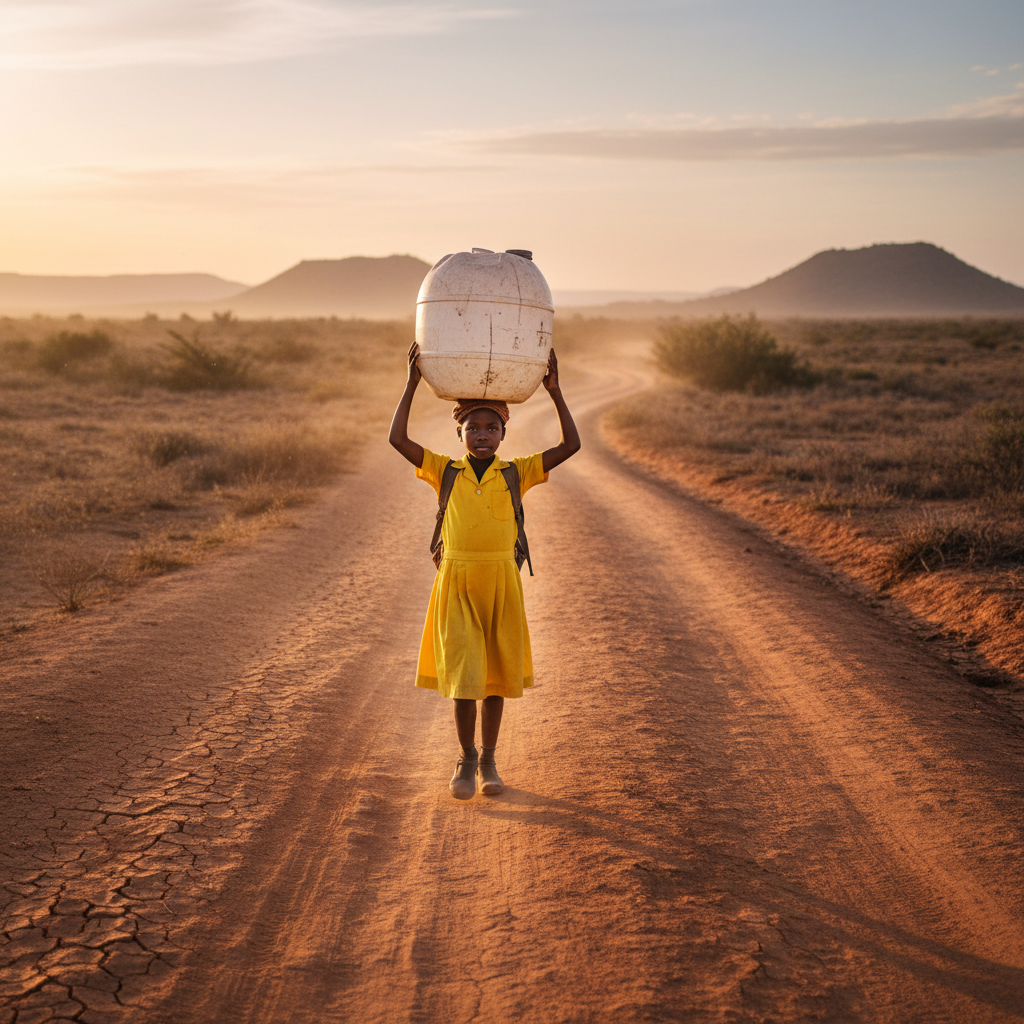 A young girl in a yellow school uniform carrying a large water container on her head along a dusty red-earth path at dawn