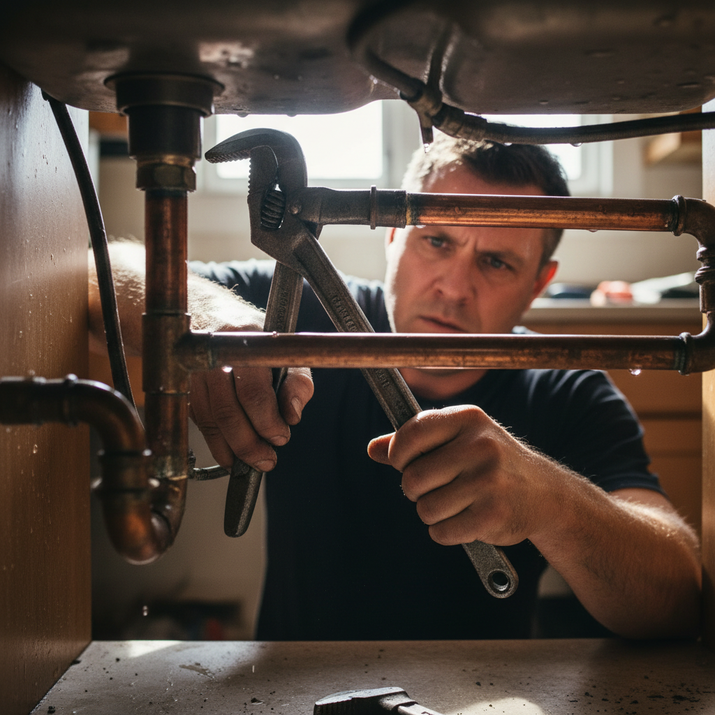 Plumber fixing pipes under a sink, gloved hands pulling a clog