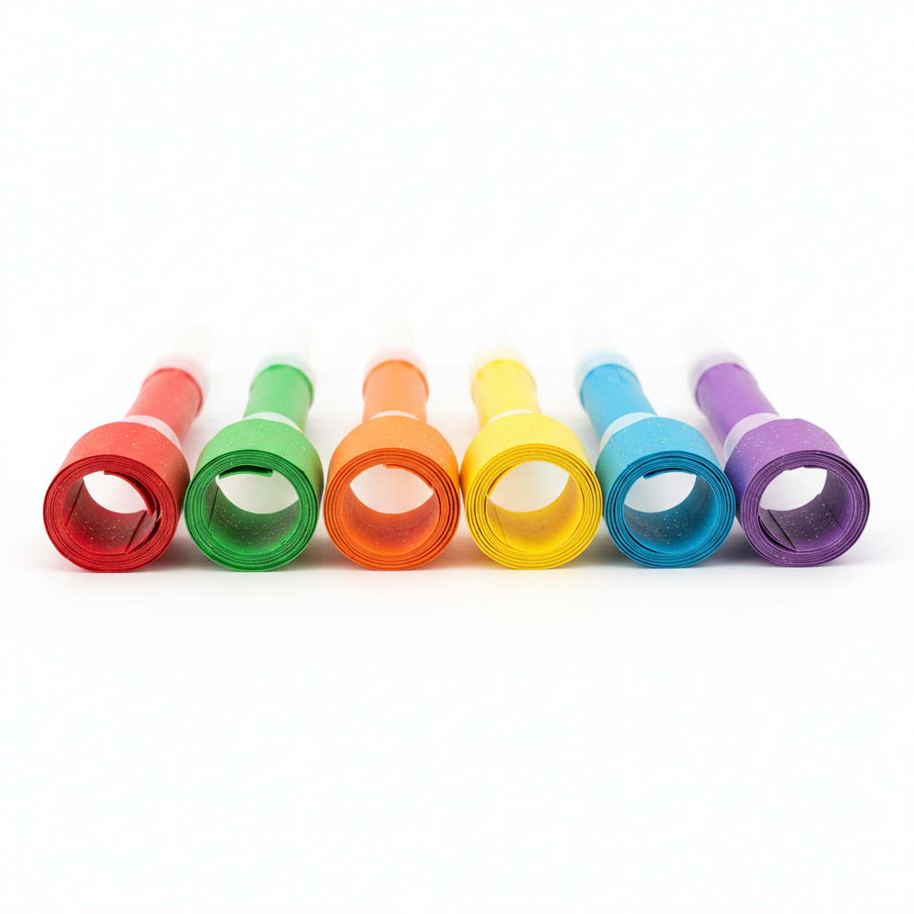 Six colorful party blower horns in assorted bright colors