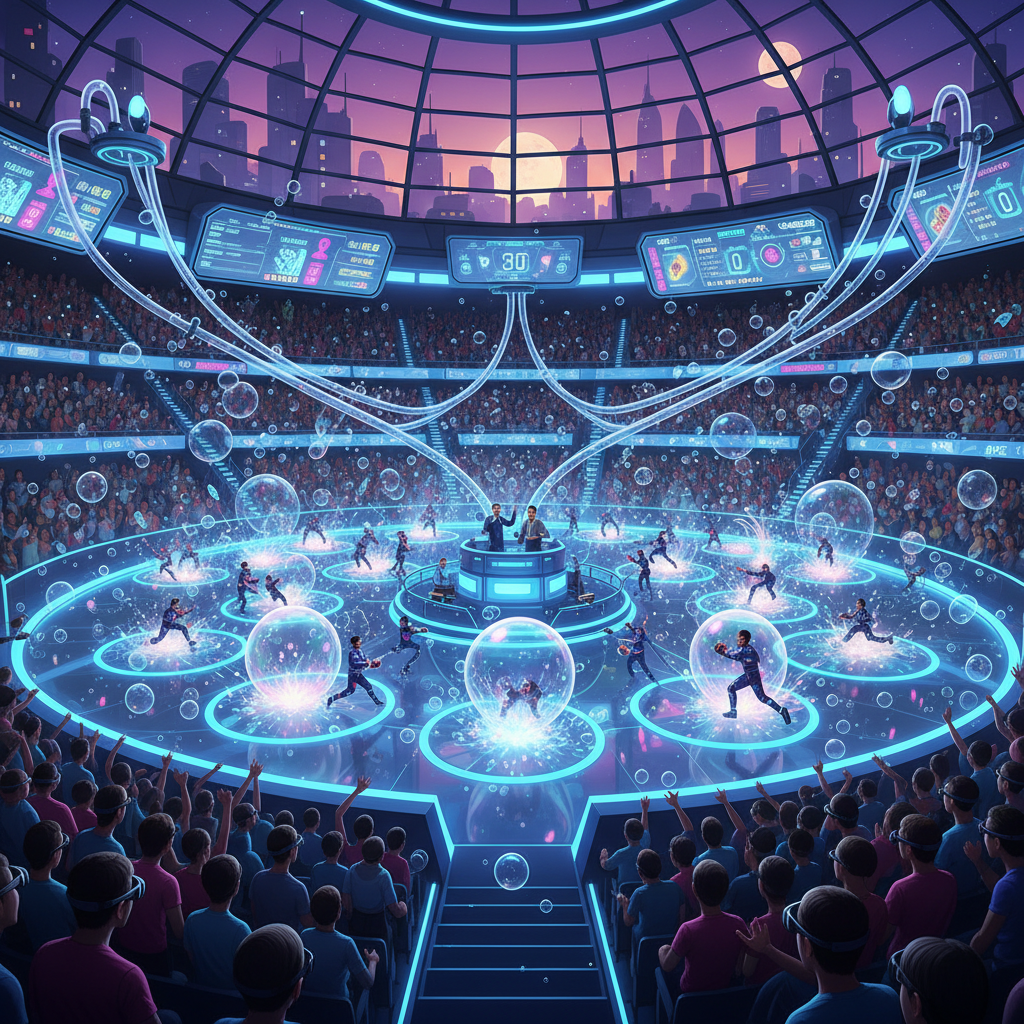 Zero gravity sports arena with players floating in a futuristic stadium, neon blue and purple lighting